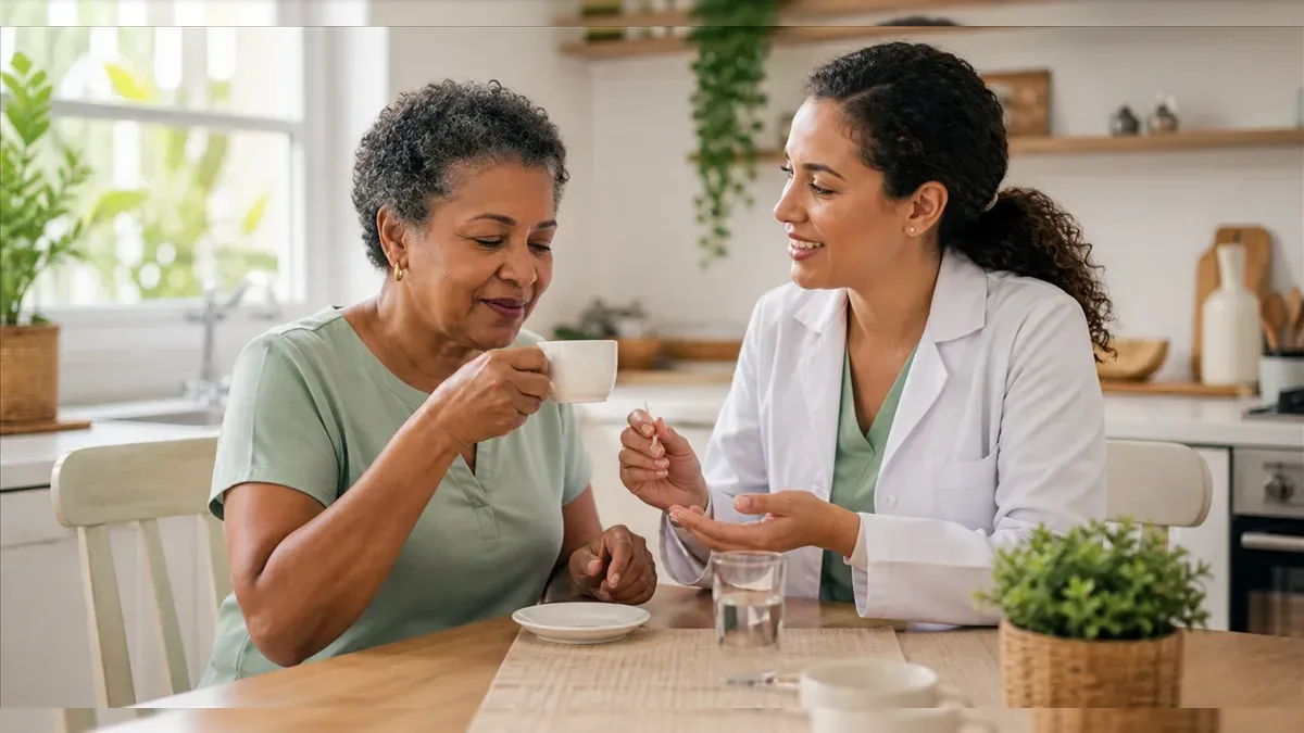 Profissional orientando pessoa idosa sobre cuidados ao beber café com disfagia