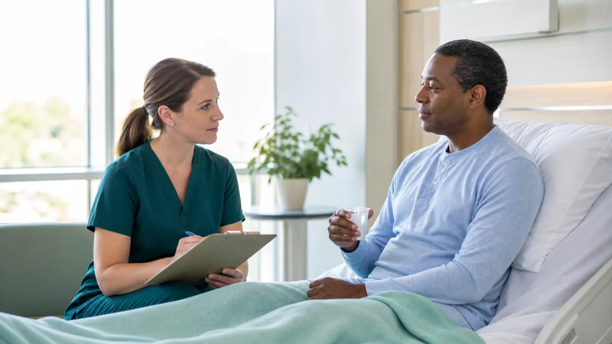 Profissional de saúde avaliando deglutição após intubação em paciente em recuperação