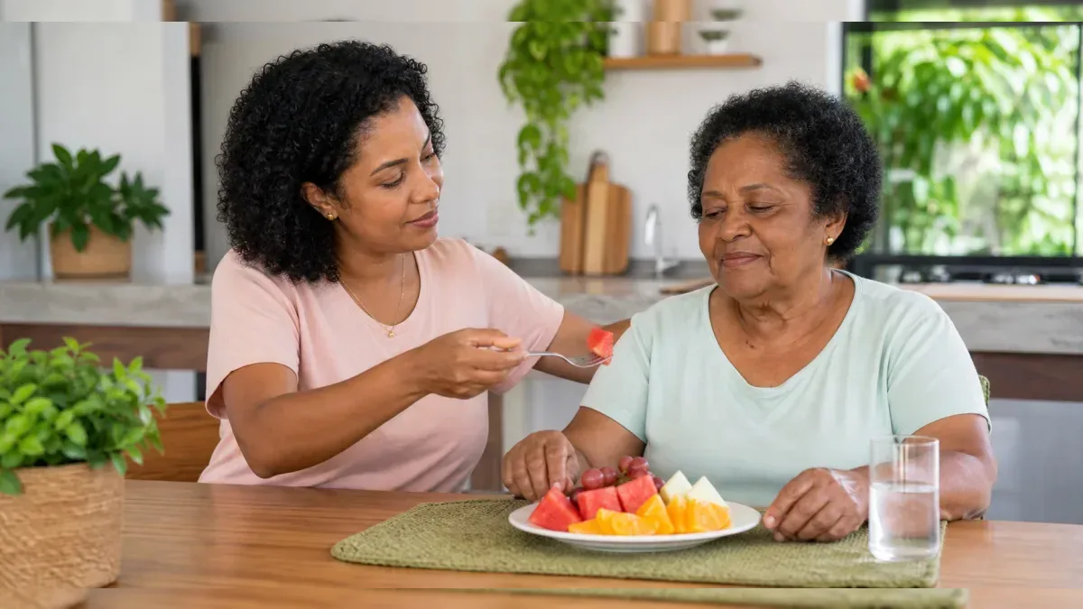 Cuidador acompanhando idoso diante de frutas suculentas cortadas